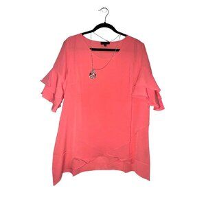 L. Hansen Coral Ruffle Sleeve Tunic Blouse Womens Large 97% Polyester 3% Elastan
